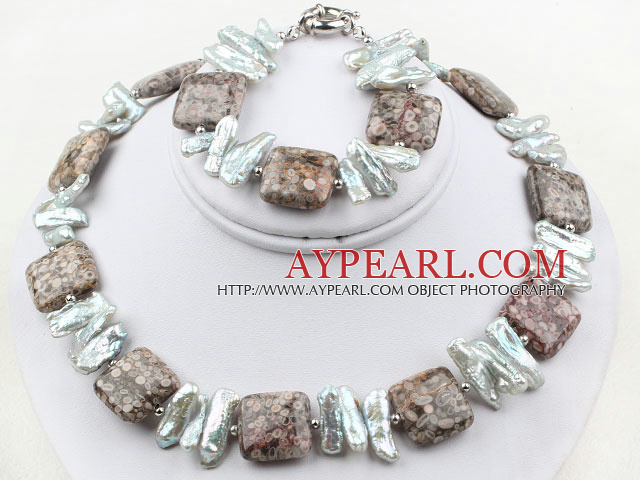 Gray Big Biwa Pearl and Shell Fossil Stone Set ( Necklace and Matched Bracelet )