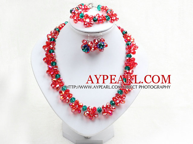 Fancy Style-Rot Grün-Kristallblumen-Schmuck-Set (Halskette mit Mathced Armband und Ohrringe)