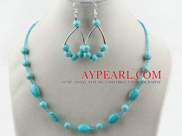 Turquoise et Perles de Verre Set (Collier et boucles d'oreilles appariées)