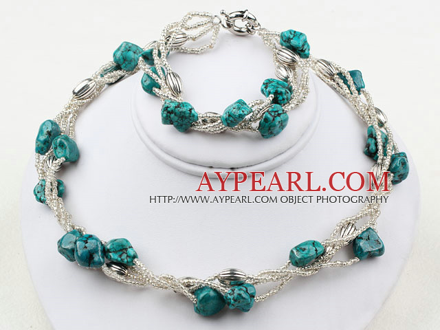 Nut Shape Turquoise and Glass Beads Set ( Necklace and Matched Bracelet )