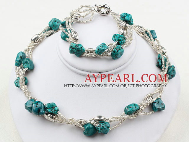 Nut Shape Turquoise and Glass Beads Set ( Necklace and Matched Bracelet )