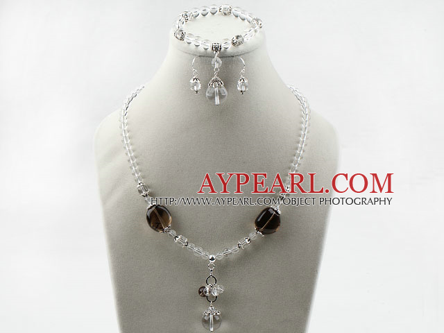 Assorted Clear Crystal and Smoky Quartz Set ( Necklace Bracelet and Matched Earrings )