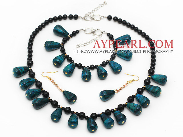 Assortert Sort Agate og Drop Shape Phoenix Stone Set (kjede armbånd og matchet øredobber)