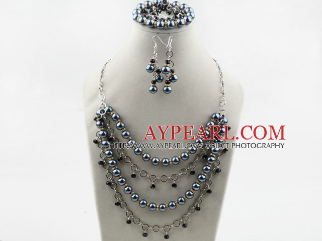 Perles en coquille noire et poste à galène (bracelet collier et boucles d'oreilles appariées)