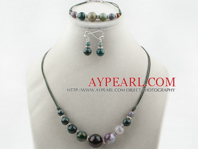 Simple Style Indian Agate Set ( Necklace Bracelet and Matched Earrings )