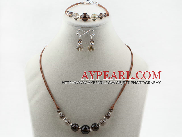 Simple Style Smoky Quartz Set ( Necklace Bracelet and Matched Earrings )