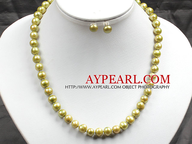 8-9mm Yellow Green Color Pearl Necklace and Matched Studs Earrings Sets