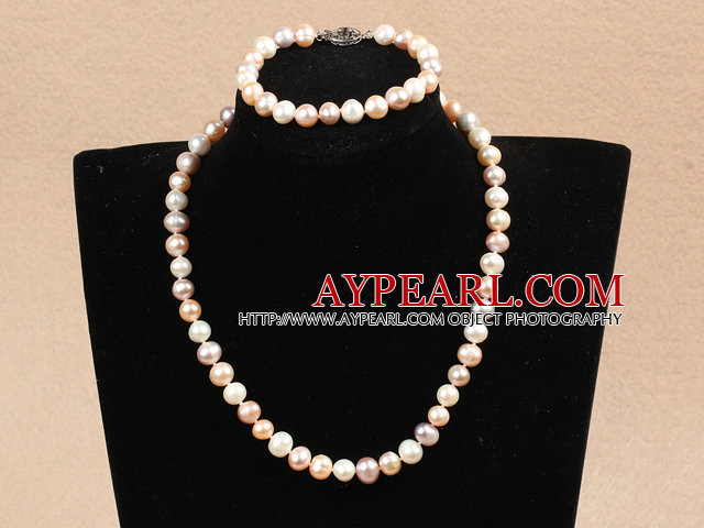 Graceful Hot Sale 8-9mm Natural White Pink Purple Pearl Jewelry Set (Necklace & Bracelet)