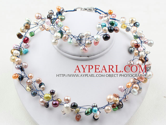 Assortert Multi Color Freshwater Pearl Set (Halskjede og matchet armbånd)