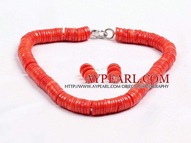 Populär stil Disc Shape Red Coral Smycken Set (Halsband med matchade örhängen)
