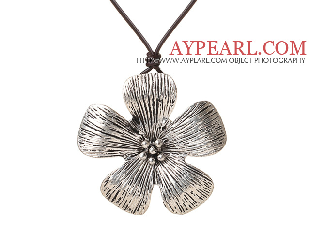 New Arrival Simple Style Tibet Silver Flower Pendant Necklace with Dark Brown Leather