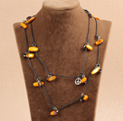 Fashion Long Style Orange Series Natural Pearl Stone Chips Necklace With Black Leather (Sweater Chain)