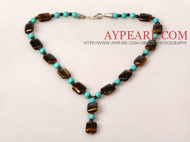 Tiger Eye og Turkis og Garnet Y Shape Necklace 