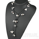 Long Style Multi Function Black And White Freshwater Pearl Necklace With Black Cords, Y Shape Necklace