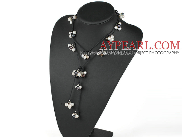 Long Style Multi Function Black And White Freshwater Pearl Necklace With Black Cords, Y Shape Necklace