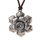 New Arrival Simple Style Tibet Silver Flower Pendant Necklace with Brown Soft Leather