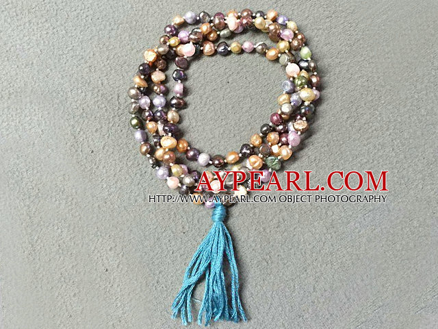 New Arrival Natural Multi Color Potato Pearl Necklace With Blue Tassel (Also can be Bracelet)