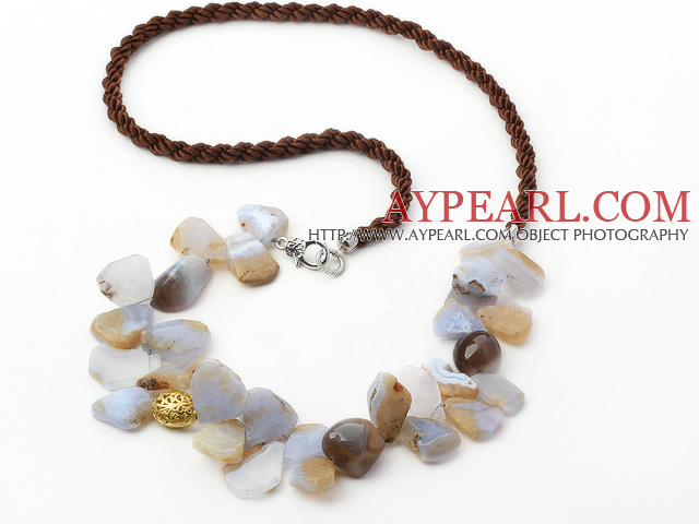 Long Style Irregular Shape Chalcedony Crystallized Agate Necklace with Brown Cord( The stone may not complete)