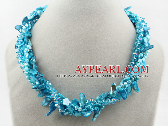 Blue Series Multi Strands Blau Süßwasser-Perle und Kristall-Shell Halskette
