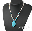 Nice White Freshwater Pearl And Round Oval Shape Turquoise Pendant Necklace