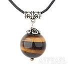 Simple Round Tiger Eye And Tube Metal Charm Pendant Necklace With Black Cord