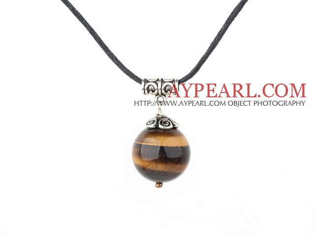 Simple Round Tiger Eye And Tube Metal Charm Pendant Necklace With Black Cord