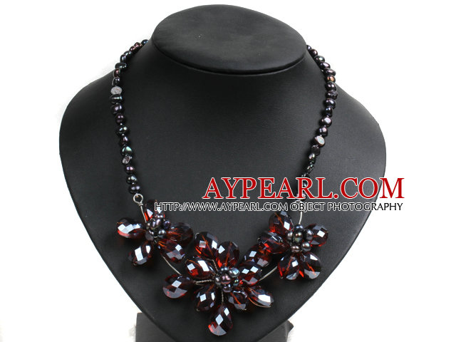 Gorgeous Party Style Natural Black Freshwater Pearl AB color Crystal Flower Bib Necklace