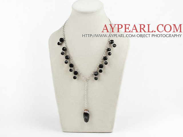 Lovely Black Crystal And Black Agate Pendant Metal Chain Necklace With Toggle Clasp