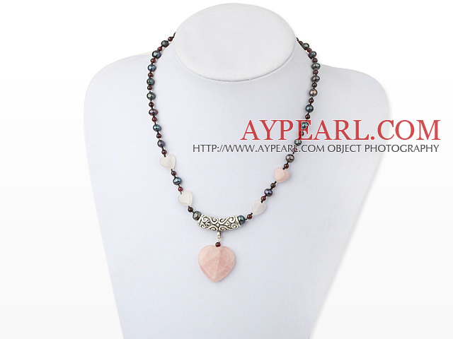 Popular Black Pearl Round Garnet And  Heart Shape Rose Quartz With Tube Charm Pendant Necklace 