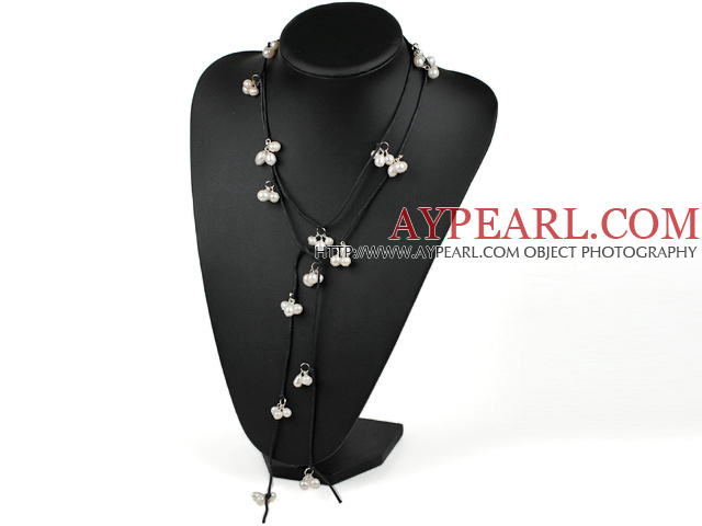 Long Style White Freshwater Pearl Necklace with Black Cord