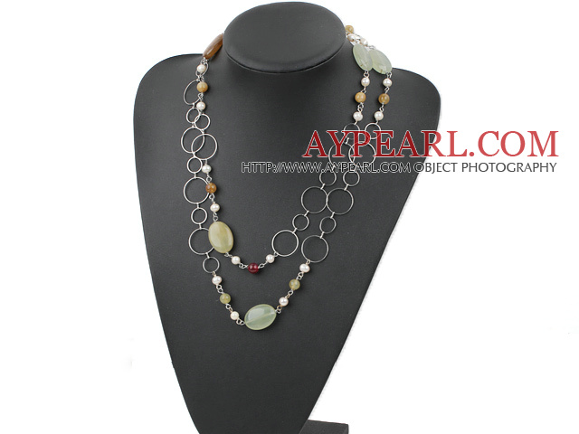 Fashion Long Loop Chain Style Three Color Jade Necklace, Sweater Necklace