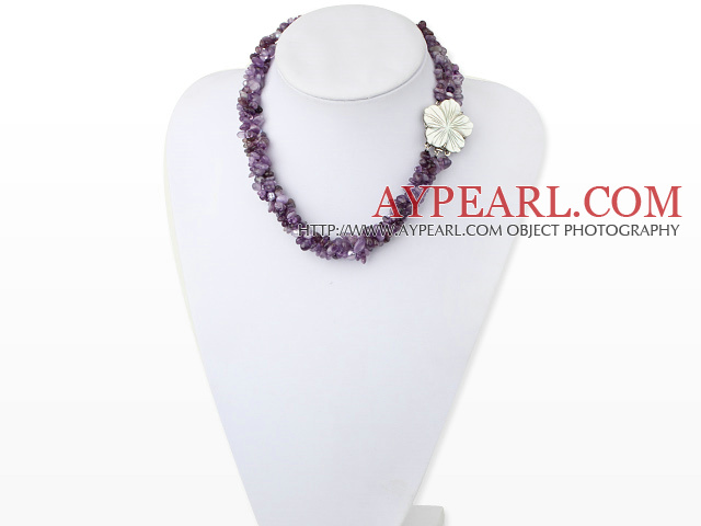 Nice Purple Series Freshwater Pearl And Fillet Amethyst Chips Necklace With Shell Flower Clasp