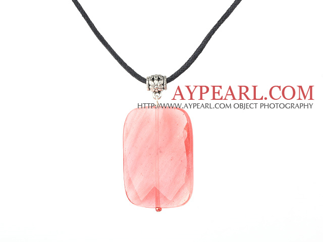 Nice Rectangle Shape Cherry Quartz Tube Flower Charm Pendant Necklace With Black Cord