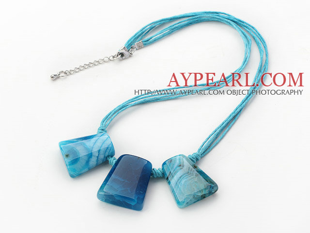 Simple Style Trapezium Shape Blue Stripe Agate Necklace with Blue Thread