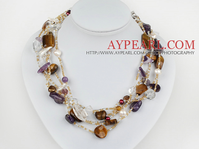 Classic Multi Strand Multi Stones And Pearl Crystal Necklace With Moonight Clasp