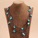 Fashion Long Style Blue Series Crystal Shell Necklace With Black Leather (Sweater Chain)