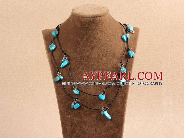 Fashion Long Style Blue Series Crystal Shell Necklace With Black Leather (Sweater Chain)