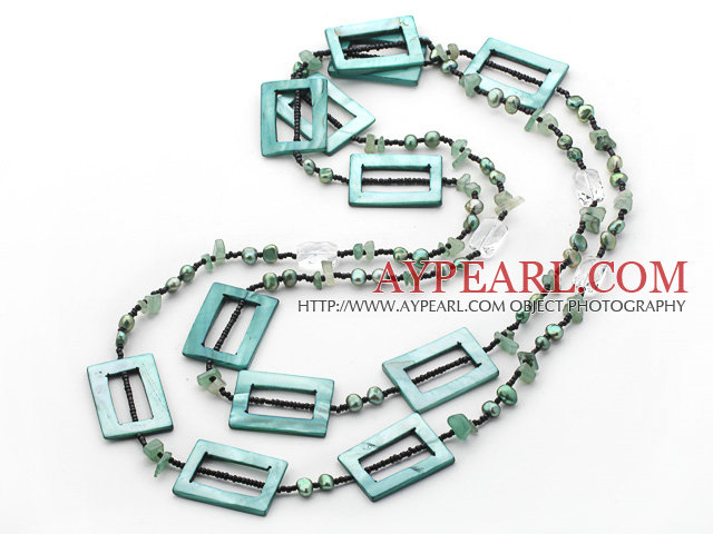 Nice Long Style Green Series Freshwater Pearl And Chips Aventurine Hollow Rectangle Shell Necklace
