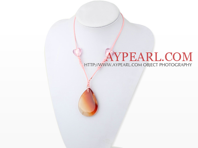 Fashion Heart Shape Color Glaze And Drop Shape Agate Pendant Necklace With Pink Thread