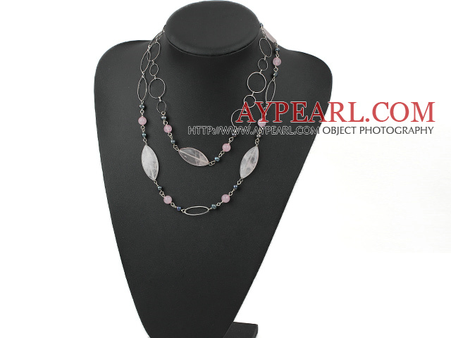 Nice Long Style Black Freshwater Pearl And Round Eye Shape Rose Quartz Loop Strand Necklace