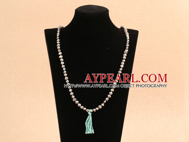 Fashion Simple Style 6-7mm Potato Shape Natural Gray Pearl Necklace with Blue Tassel