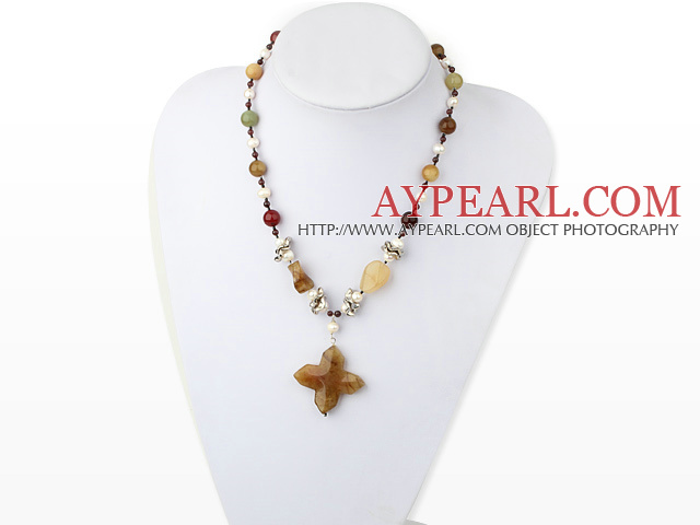 Nice White Freshwater Pearl And Three Color Jade Flower Pendant Necklace With Double Ring Closure