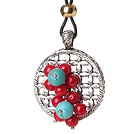 Newly Fashion Style Red Coral and Turquoise Flower Pendant Necklace with Black Leather