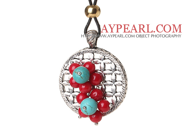 Nouveaux Fashion Style corail rouge et collier pendentif fleur turquoise avec cuir noir