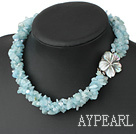 Wholesale Fashion Freshwater Pearl And Twisted Aquamarine Chips Strand Necklace With Shell Flower Clasp