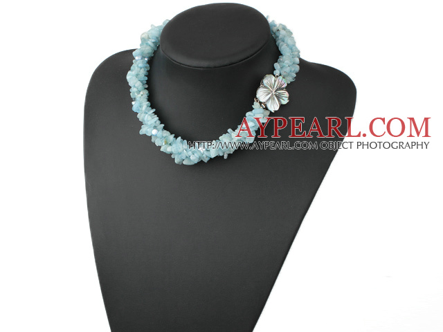 Fashion Freshwater Pearl And Twisted Aquamarine Chips Strand Necklace With Shell Flower Clasp