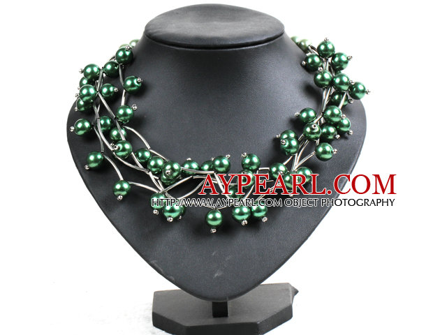 Trendy Style Multi Strand Deep Green Seashell Beads Twisted Necklace With Bending Alloyed Tube