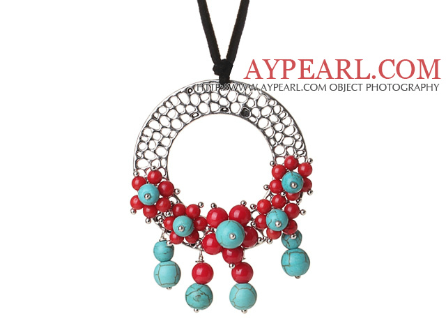 Nouveaux baisse de mode style long de corail rouge et collier pendentif fleur turquoise avec cuir souple