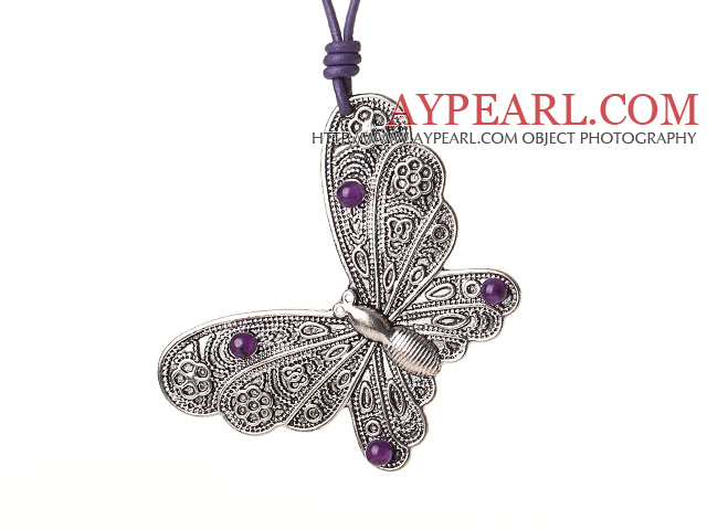 Délicat Belle collier pendentif Tibet papillon d'argent avec jade violet et cuir
