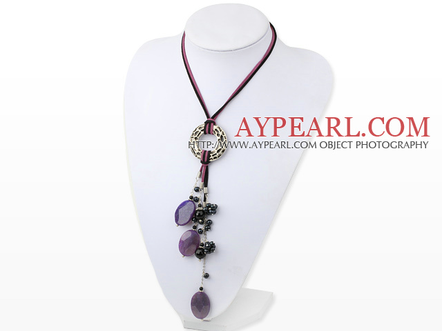 Nice Oval Purple Persian Agate And Black Freshwater Pearl Pendant Threaded Necklace With Metal Ring Charm